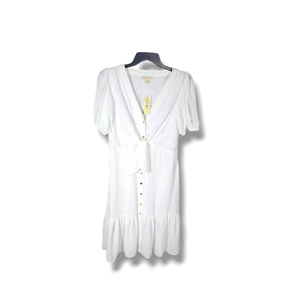 Michael Michael Kors White Tie Button Front Fit & Flare Dress Petite L NWT - Picture 3 of 8